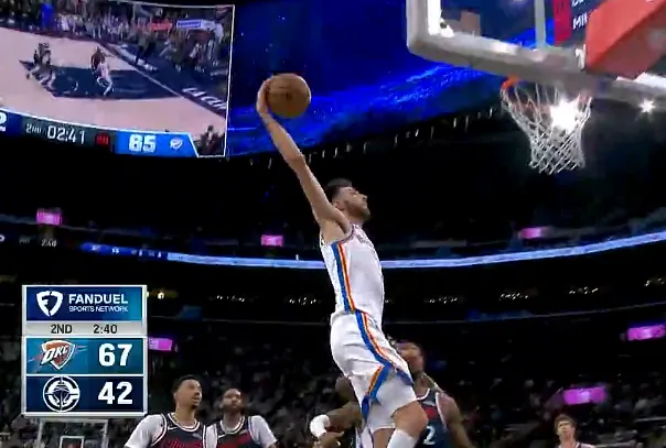 开云app-狂轰乱炸！霍姆格伦单臂滑翔劈扣，雷霆轰12-0领先快船25分